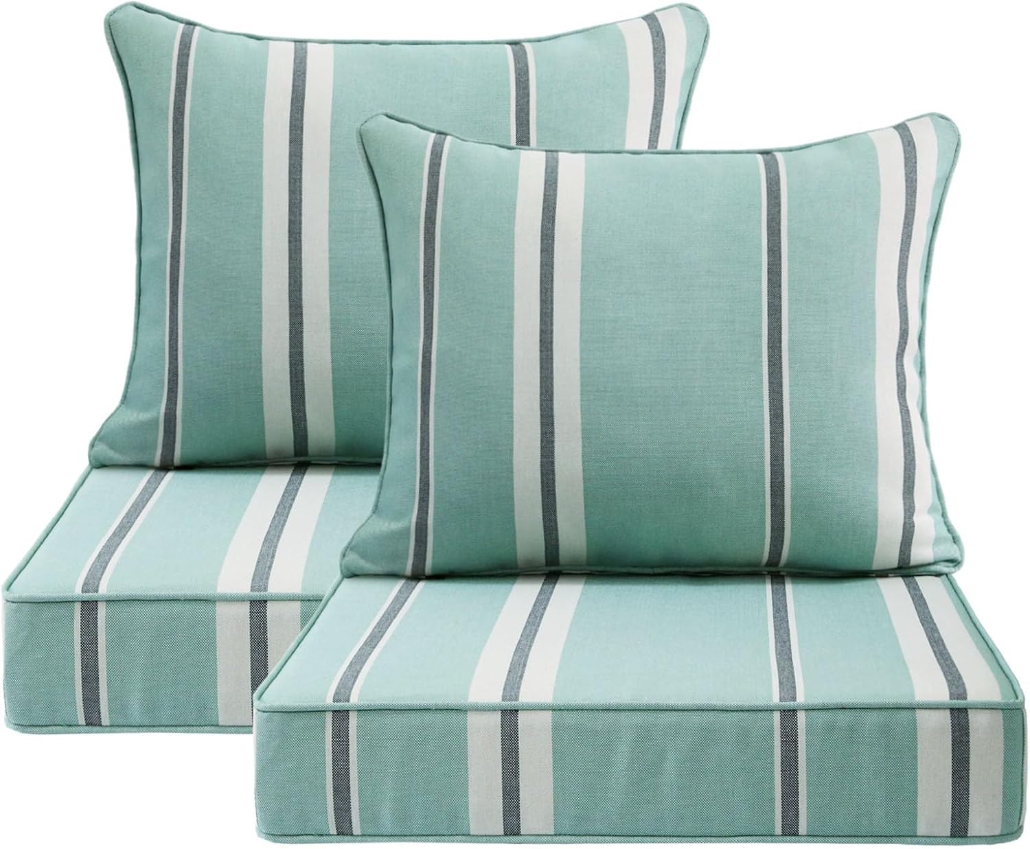 Outdoor Patio Chair Cushions Set, 24" x 24", Set of 2, Water-Repellent, Fade Resistant, Deep Seat Bottom and Back Cushion for Backyard, Couch, Sofa and Patio Furniture, Aqua Stripe