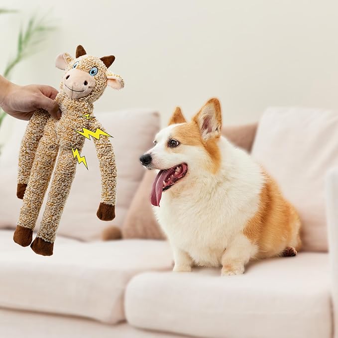 2 Pack Dog Toys with Squeakers, Plush Teething Toys to Keep Them Busy, No Stuffing Crinkle Interactive Dog Animals, Cute Funny Dogs Gifts for Small Medium Large Breed (Raccoon Cattle)