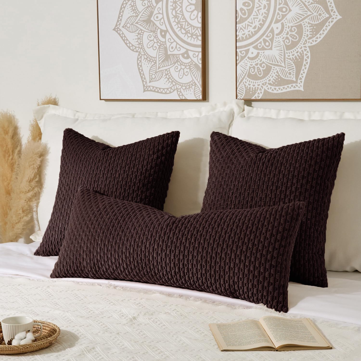 Kevin Textile 14x36 Inch Long Lumbar 1 Pack Boho Decorative Throw Pillow Cover Soft Striped Corduroy Rectangle Cushion Case Farmhouse Accent for Living Room Couch Sofa Bed, Coffee