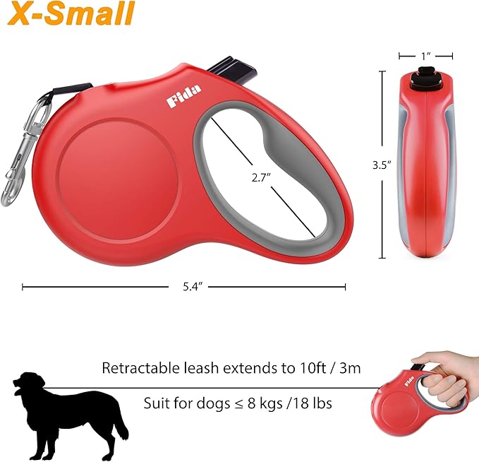 Fida Retractable Dog Leash with Dispenser and Poop Bags, 10 ft Pet Walking Leash for X-Small Dog or Cat up to 18 lbs, Anti-Slip Handle, Tangle Free, Reflective Nylon Tape (XS, Red)