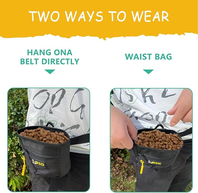 SZO Dog Treat Pouch with Pet Training Clicker, Dog Training Treat Pouch with Waist Belt Clip, Magnetic Closure, Hands-Free Training - Black