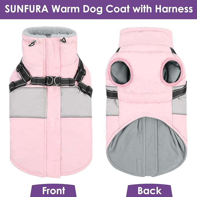 SUNFURA Small Dog Coat with Harness Built in, Warm Dog Jacket Winter with Zipper On Back, Waterproof Pet Snow Jacket Snowsuit Pet Sweater Clothes for Schnauzer, Yorkshire Terrier, Pink S