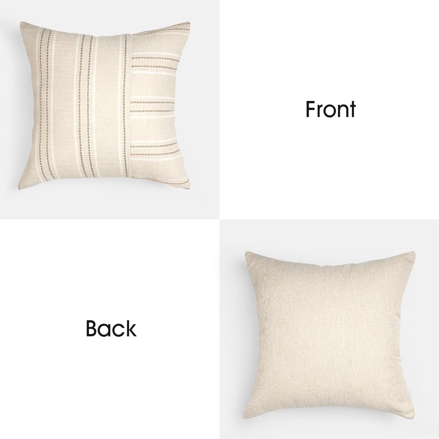 AELS 20x20 Decorative Farmhouse Linen Throw Pillow Covers, Boho Textured Pillow Case, Set of 2, Beige with White & Brown Stripe Patchwork Cushion Cover for Sofa Couch Living Room (Cover ONLY)