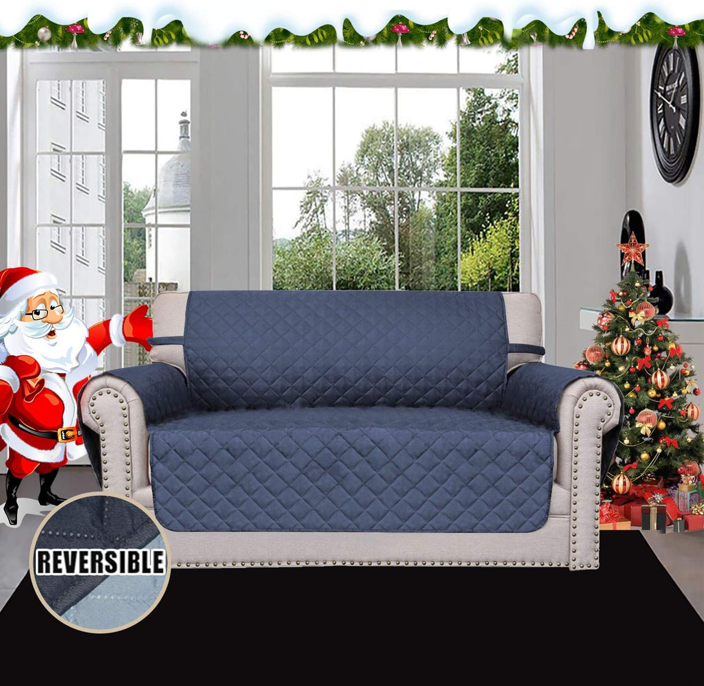 Easy-Going Reversible Loveseat Couch Cover for 2 Cushion Couch Sofa Cover for Dogs Water Resistant Furniture Protector with Foam Sticks Elastic Straps for Pet (Loveseat, Dark Blue/Light Blue)