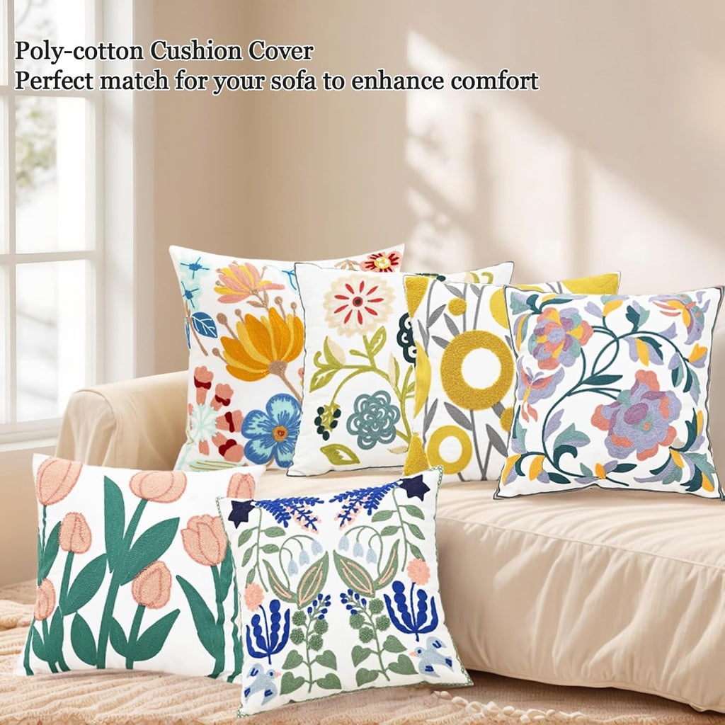 Embroidered Pillow Cover Colorful Farmhouse Floral Cushion Case Farmhouse Jacquard Throw Pillow Covers for Living Room Couch Vibrant Bloom