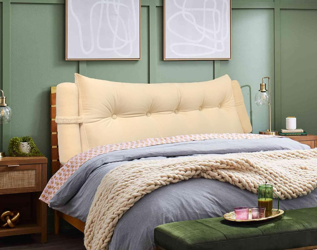 Triangular Reading Bed Rest Pillow Large Bolster Cushion Headboard Backrest Wedge Pillow with Two Detachable Roll Pillows for Neck & Lumbar Support (Beige, King: 77 x 8 x20 inches)