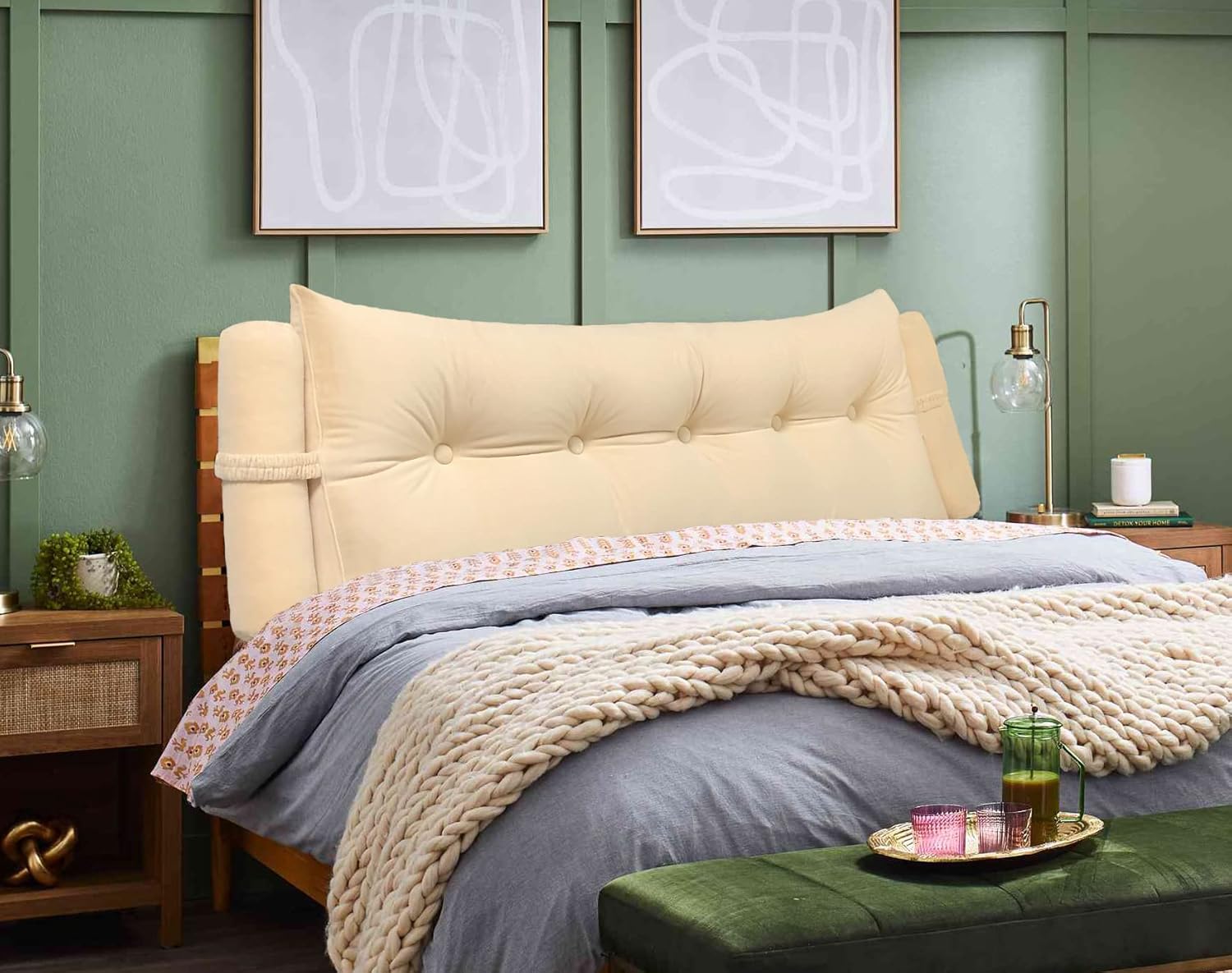 Triangular Reading Bed Rest Pillow Large Bolster Cushion Headboard Backrest Wedge Pillow with Two Detachable Roll Pillows for Neck & Lumbar Support (Beige, King: 77 x 8 x20 inches)