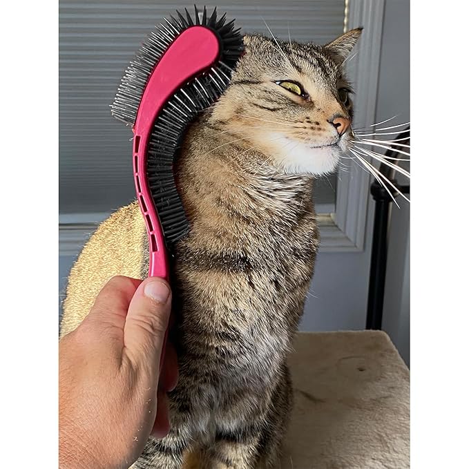 (Pink) Cat Brush is Designed for Comfort, Created for Results. This innovative grooming brush features multi contoured shapes that gently adapt to your cats body for a stress free grooming.