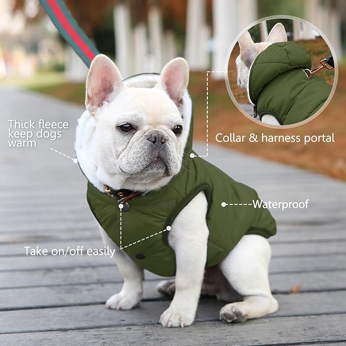 Fleece Hoodie, Windproof Waterproof Coat, Winter Warm Jacket, Cold Weather Pet Apparel Clothes Vest for Small Medium Large Dogs (XL, Green)