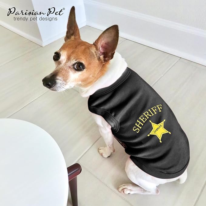 Parisian Pet Dog Tshirt - Embroidered “ Sheriff “ Dog Shirt - Lightweight and Skin Friendly Dogs Clothes - Sleeveless Black Dogs Tee Shirts - Machine Washable Shirts for Medium Dogs - M