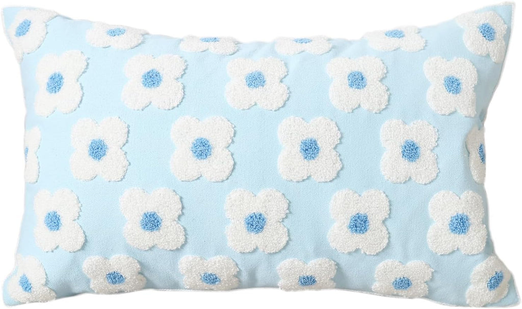 DECOBIRD Embroidery Throw Pillow Cover 12x20 Light Blue Floral Design Home Decor Loop Embroidered Pillow Case Thick Cotton Canvas Square Cushion Cover for Couch 30x50cm, 4 Petal Flowers 1 Piece