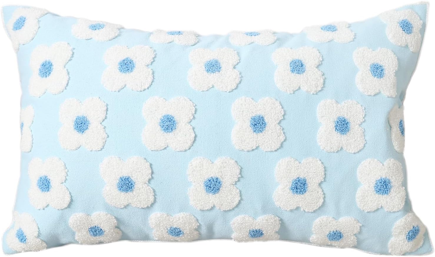 DECOBIRD Embroidery Throw Pillow Cover 12x20 Light Blue Floral Design Home Decor Loop Embroidered Pillow Case Thick Cotton Canvas Square Cushion Cover for Couch 30x50cm, 4 Petal Flowers 1 Piece