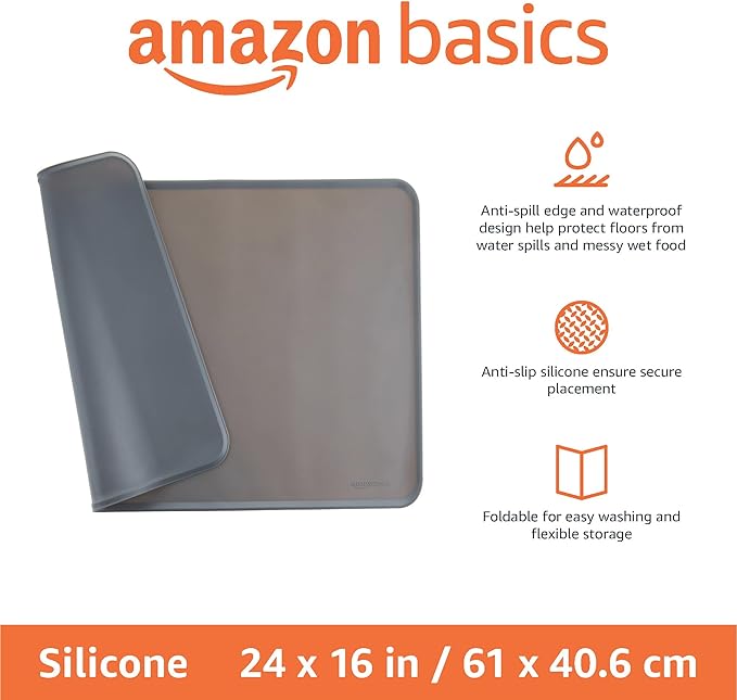 Amazon Basics Waterproof Anti-Slip Silicone Pet Food and Water Bowl Mat, 24 x 16 inches, Grey, Solid