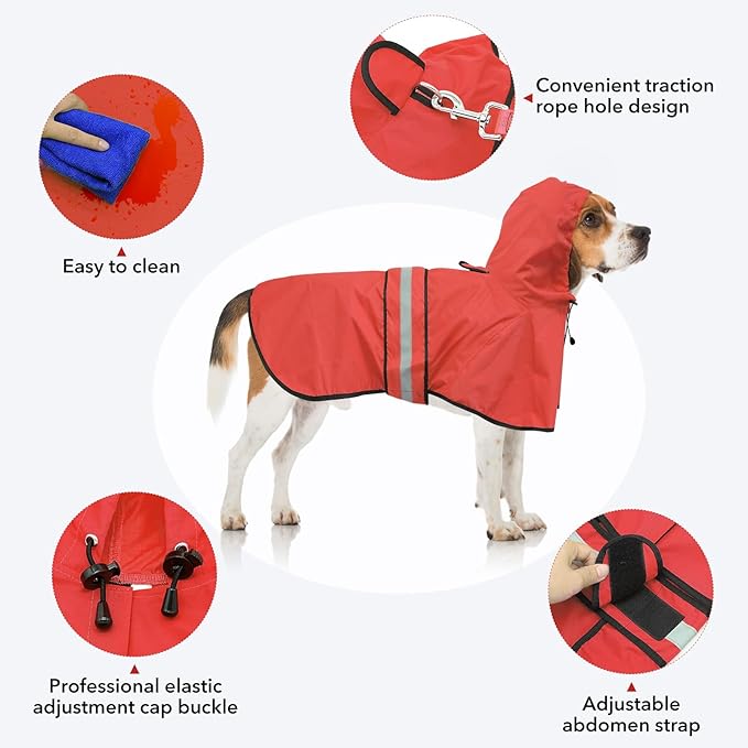 Reflective Dog Raincoat - Adjustable Waterproof Pet Rain Jacket, Lightweight Dog Hooded Rain Slicker Poncho for Small to X- Large Dogs and Puppies (Red, Small)