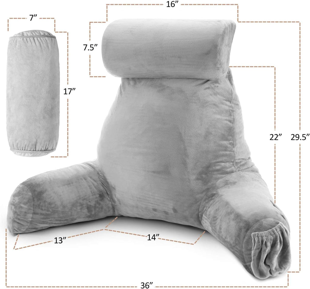 Nestl Reading Pillow with Shredded Memory Foam Includes 2 Neck and Lumber Support Pillows, Designed for Sitting Up in Bed and Couch, Back and Arms Adjustable Support for Adult & Teens, Light Grey