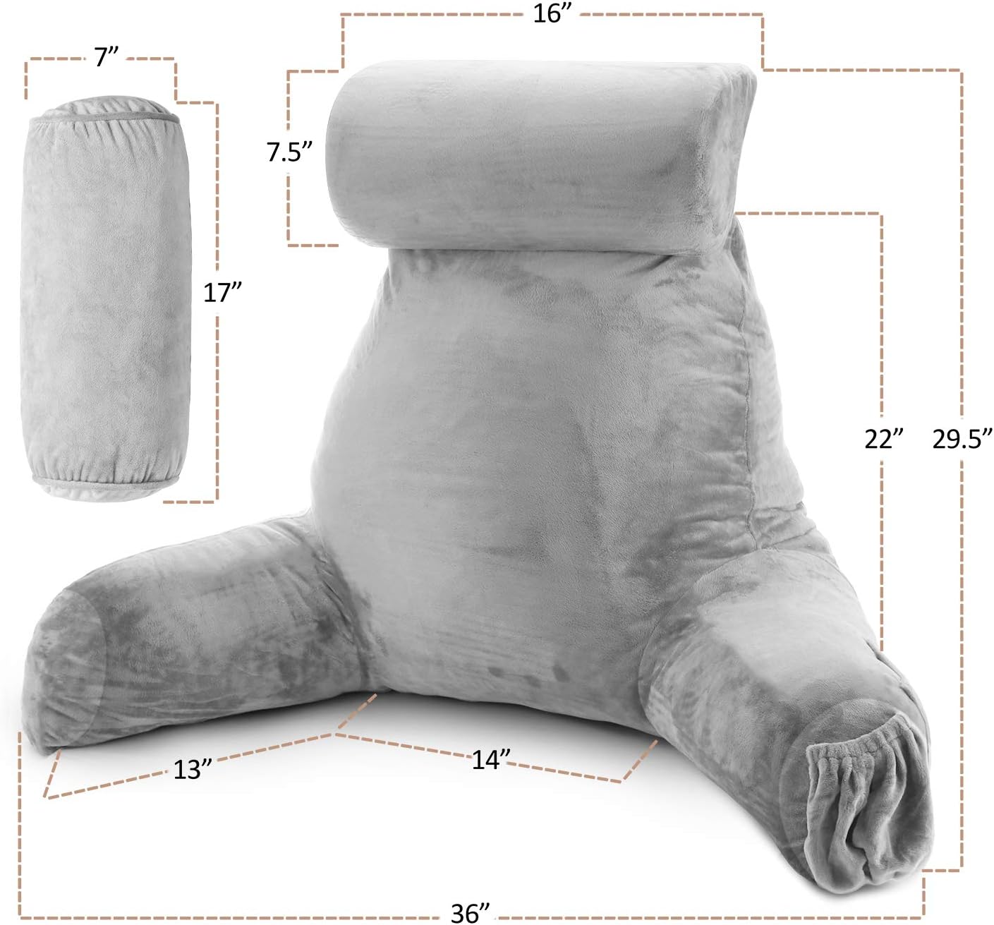 Nestl Reading Pillow with Shredded Memory Foam Includes 2 Neck and Lumber Support Pillows, Designed for Sitting Up in Bed and Couch, Back and Arms Adjustable Support for Adult & Teens, Light Grey