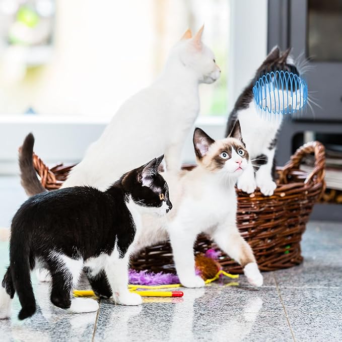 Jecery 5 Pcs Cat Spring Balls Stretchable Springs Toys Rolling Balls Colorful Playful Coils Interactive Spring Action Toy Caged Rats for Kitten Cat Pet Supplies Indoor (Mouse,Blue White)