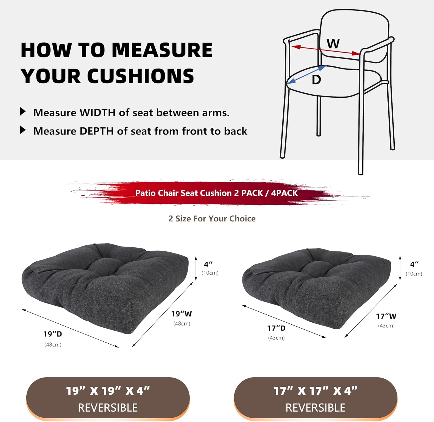 RACE LEAF 4 Pack Patio Chair Cushions 19x19 Inch, Waterproof Memory Foam Cushions with Tufted Cover and Non-Slip Base for Patio Furniture (Gray)