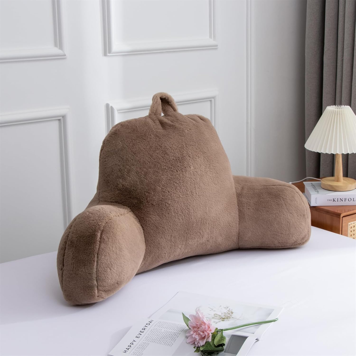 Aimuan Reading Pillow Bed Rest Pillow with Arms Rabbit Fur Cushion for Adults Teens Incline Rest Sitting up & Sleeping Snoring Pillow with Pregnancy Lumbar Back Support (Standard, Khaki)