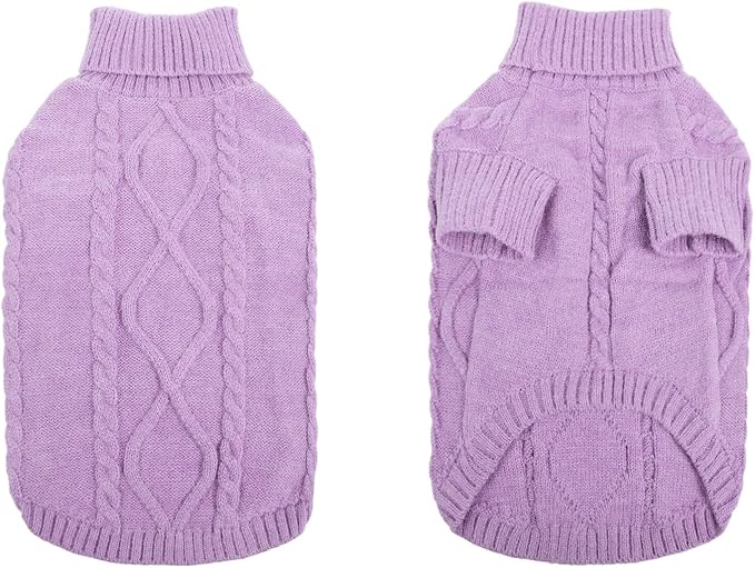 Queenmore Small Dog Pullover Sweater, Cold Weather Cable Knitwear, Classic Turtleneck Thick Warm Clothes for Chihuahua, Bulldog, Dachshund, Pug (Lilac, Large)