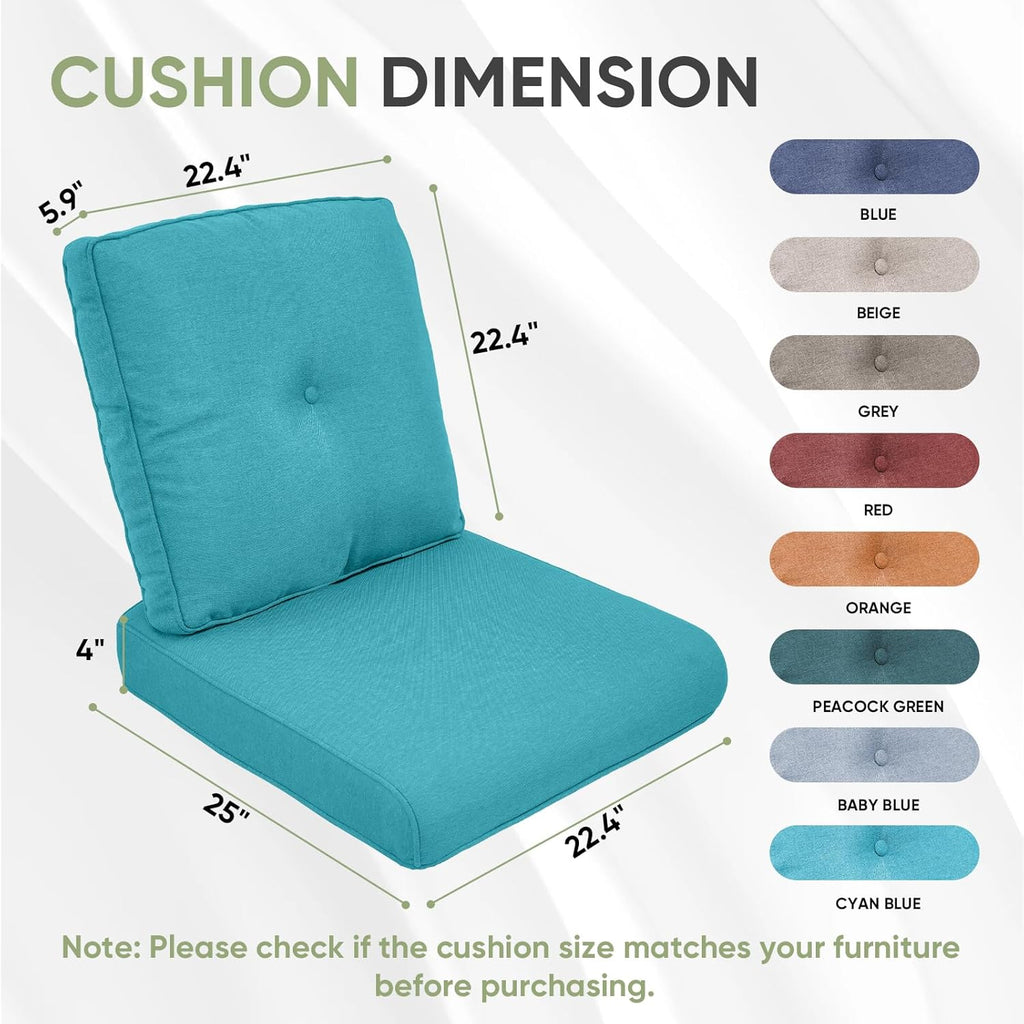 Outdoor Chair Cushion Set, 25 x 22 Deep Seat Cushion, Patio Chair Cushions for Outdoor, Include 1 Seat Cushion and 1 Back Cushion, Cyan Blue