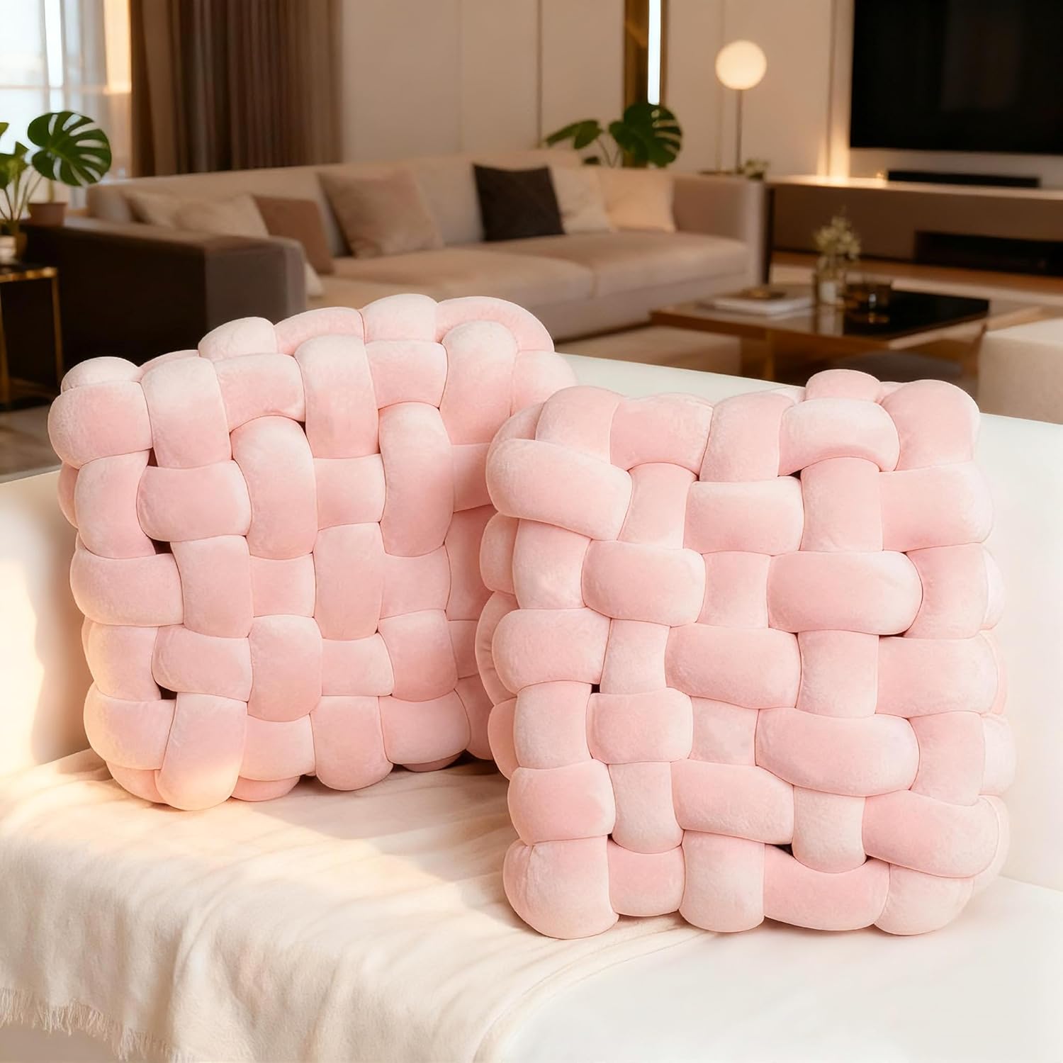2Pcs Square Knot Throw Pillows, Suitable For Bedroom Decoration, Sofa Decorative Pillows, Home Decoration, Home Decor Living Room 12 inches * 13 inches (Pink)