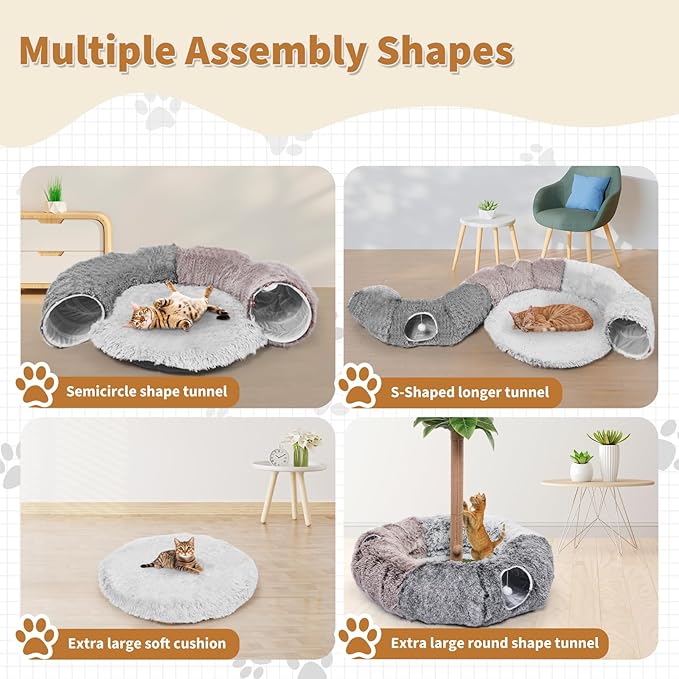 Odoland Large Cat Tunnel and Fluffy Bed - Indoor Detachable Cave With 20 Toys, Donut Tunnel and Variety Kitten Toy Set for Chewing and Playing