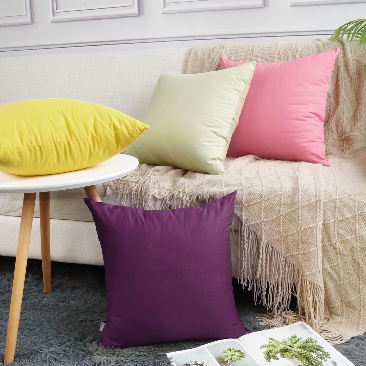 4-Pack 100% Cotton Comfortable Solid Decorative Throw Pillow Case,Thmyo Square Cushion Cover Pillowcase Sublimation Blank Pillow Covers DIY Throw Pillowcase(18x18 inch/ 45x45cm,Dark Reddish Purple)