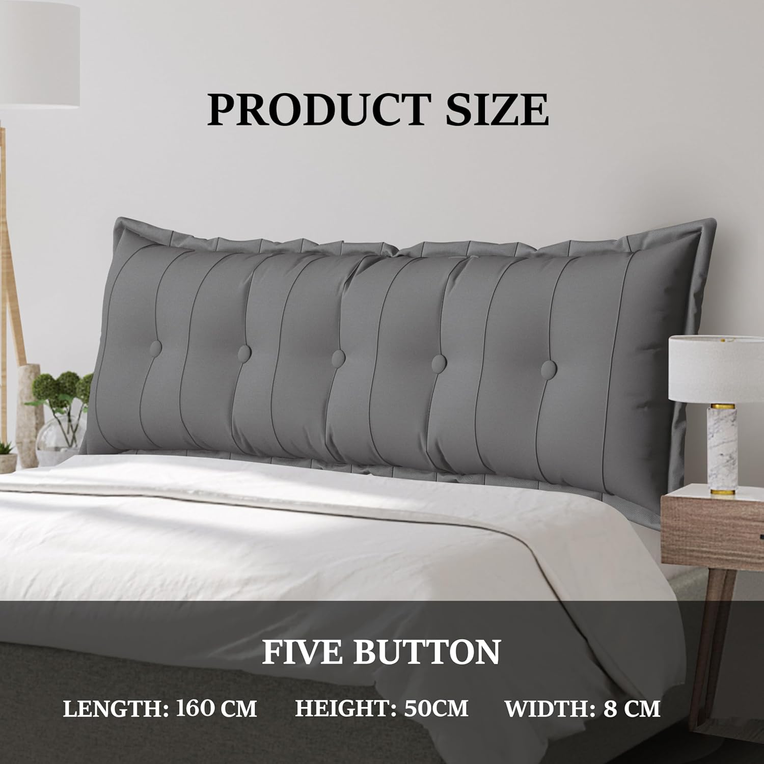 Large Bolster Reading Pillow Full Backrest Positioning Support Pillow Daybed Cushion Headboard Pillows for Bed Bunk Sofa with Removable Cover, Grey, 54x3x20 Inch