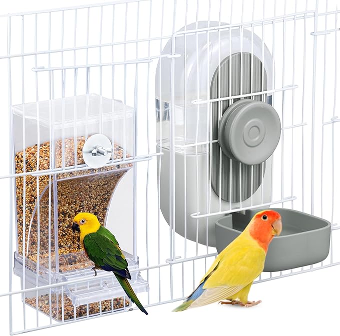 No Mess Bird Feeder & Water Dispenser Set - Automatic Feeding & Hydration, Parakeet Cage Accessories for Parrots, Cockatiels, Finches, Lovebirds & Budgies