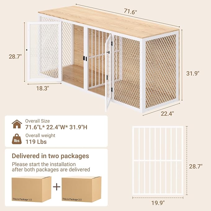 71.6 Inch Dog Crate Furniture for 2 Dogs, XXL Double Cage with Removable Divider & Large Doors, Heavy Duty Wooden Dog Kennel, Indoor Pet House (Light Oak, 71.6x31.9x22.4'')