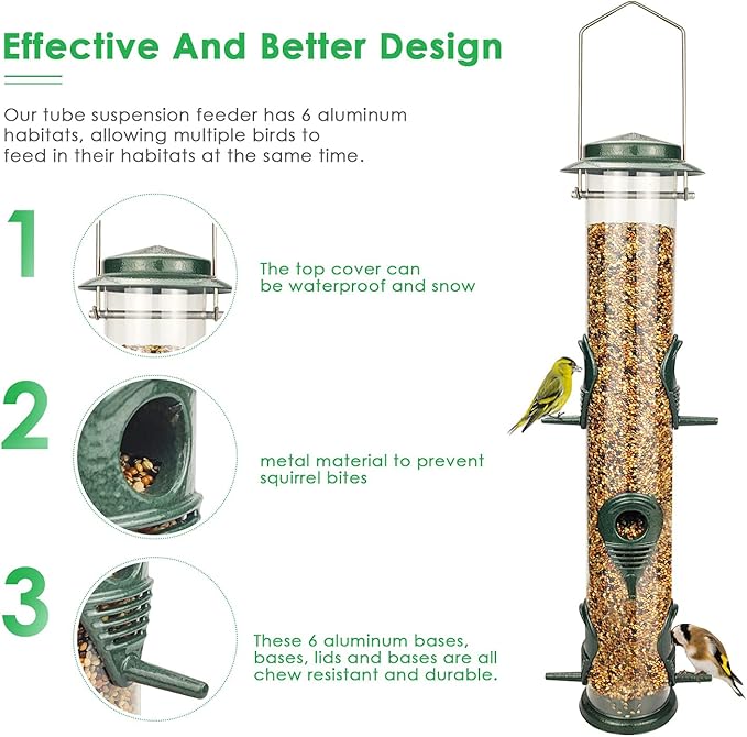Metal Bird Feeder Tube Hanging Wild Bird Seed Feeder Aluminum Six Port Bird Feeders,1.4 mm Extra Thick Solid Tube Transparent with Steel Hanger Great for Attracting Birds