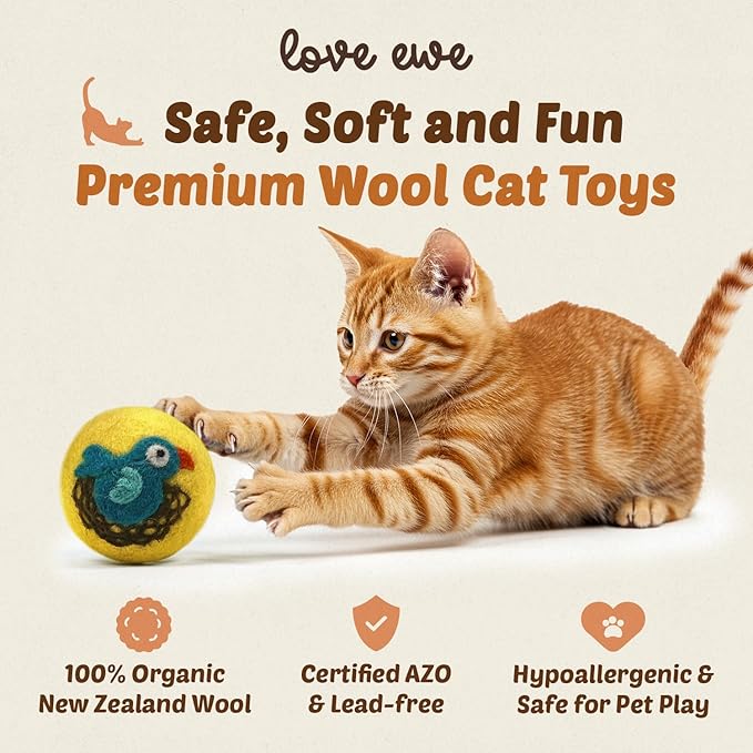 Wool Felt Balls 3 Pack Love Ewe Pet Supplies - 2 in Felted Wool Cat Toys 100% New Zealand Wools Felt Cat Toys Handmade Wools Felts Balls - Cats Felts Ball, Colorful Ball for Cats - Fish and Bird