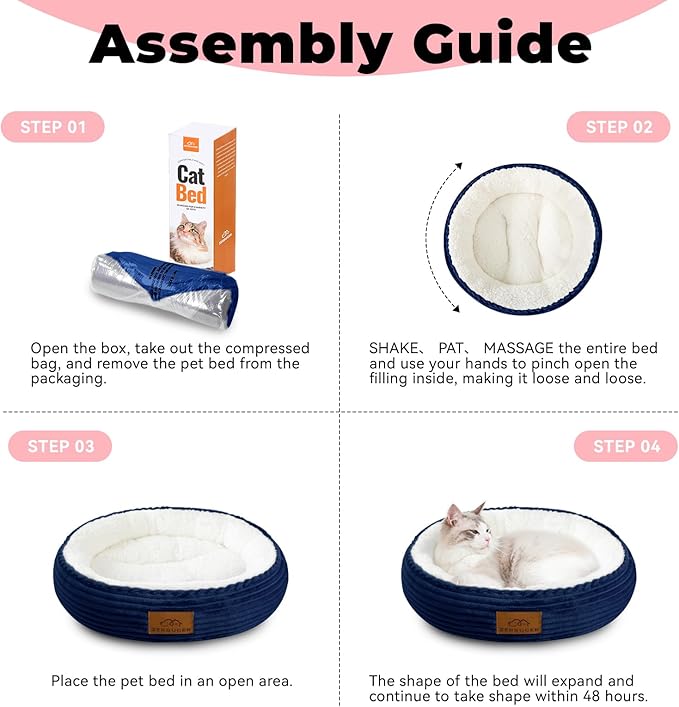 20in Washable Cat Beds for Indoor Cats - Round Donut Pet Bed for Cats, Small Dogs, Puppy, Kitten - Anti-Slip Bottom, Calming Bed Gift - Navy Blue