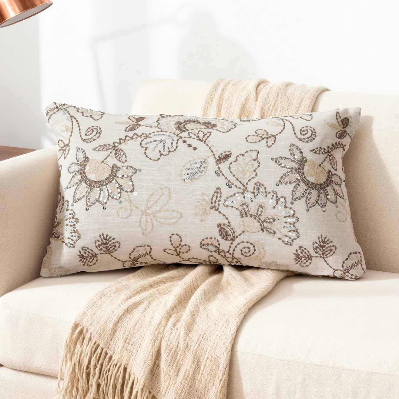 Floral Embroidered Lumbar Throw Pillow Cover 12x 20, Sequin Chinoiserie Flower Neutral Linen Pillow Cushion Cases, Farmhouse Decorative Pillows for Bed, Outdoor Couch White