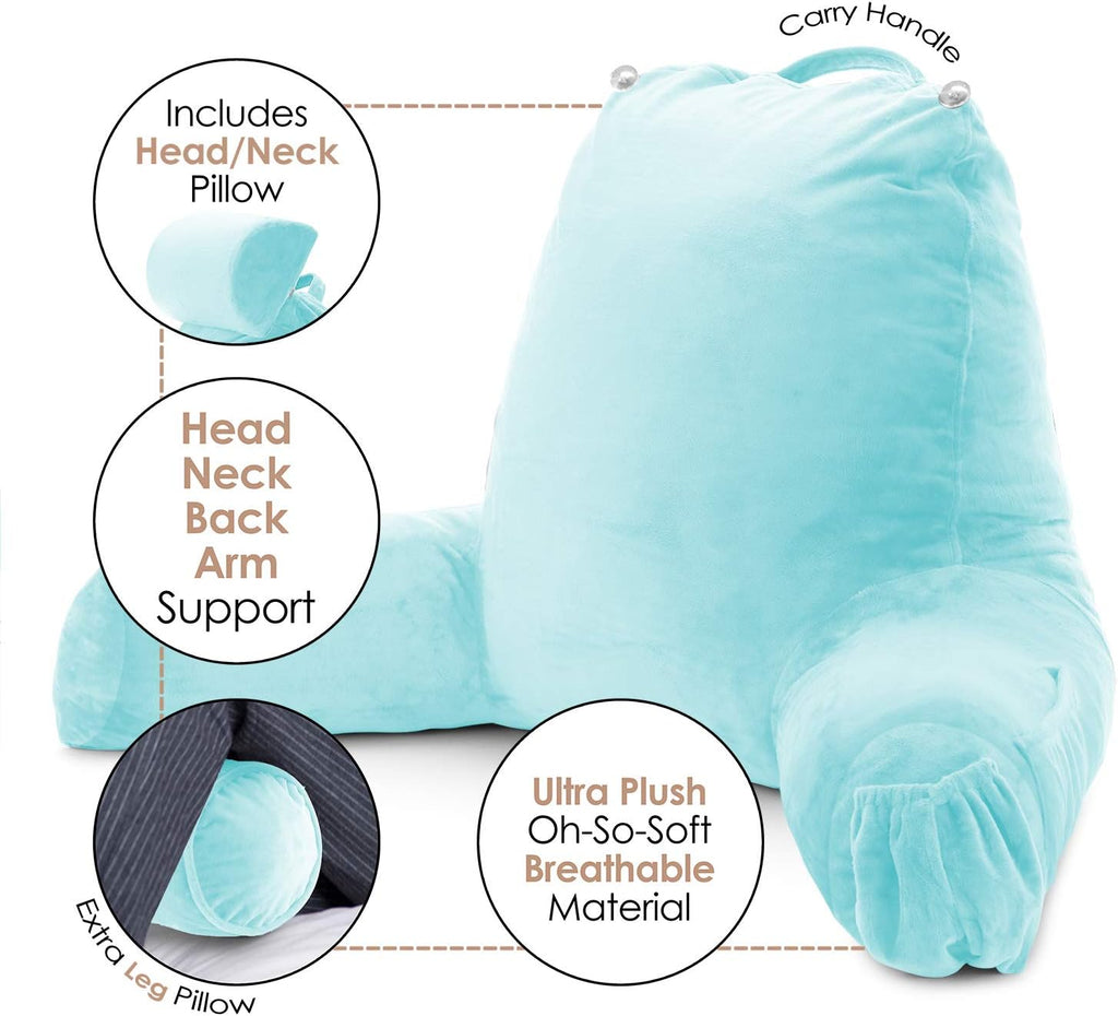 Nestl Reading Pillow with Shredded Memory Foam Includes 2 Neck and Lumber Support Pillows, Designed for Sitting Up in Bed and Couch, Back and Arms Adjustable Support for Adult & Teens, Light Blue