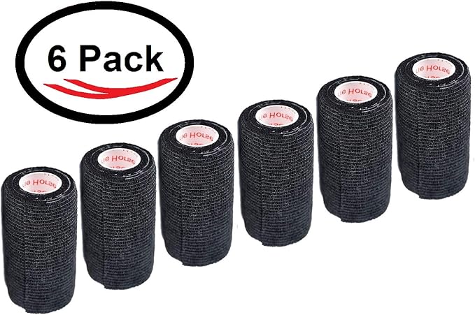 4 Inch Vet Wrap Tape Bulk (Black) (Pack of 6) Self Adhesive Adherent Adhering Flex Bandage Grip Roll for Dog Cat Pet Horse