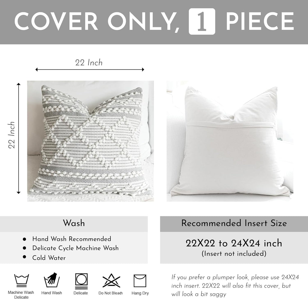 BlissBlush Gray White Decorative Throw Pillow Cover 22X22, Boho Accent Pillow for Couch, Square Modern Farmhouse Pillowcase for Living Room Couch Sofa Cushion Home Décor (Pack of 1)