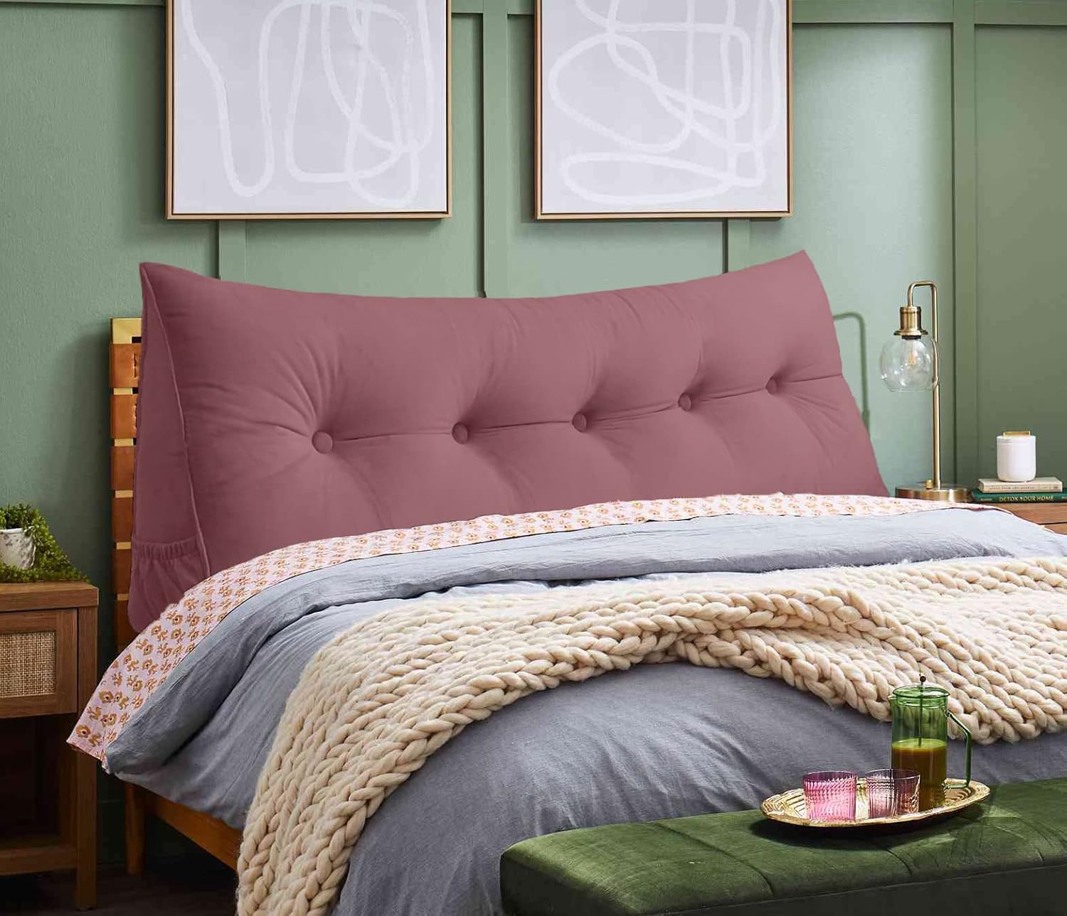 Triangular Reading Bed Rest Pillow Large Bolster Cushion Headboard Backrest Wedge Pillow with Removable Cover and Two Large Side Pockets (Pink, California King: 71 x 8 x 20 inches)