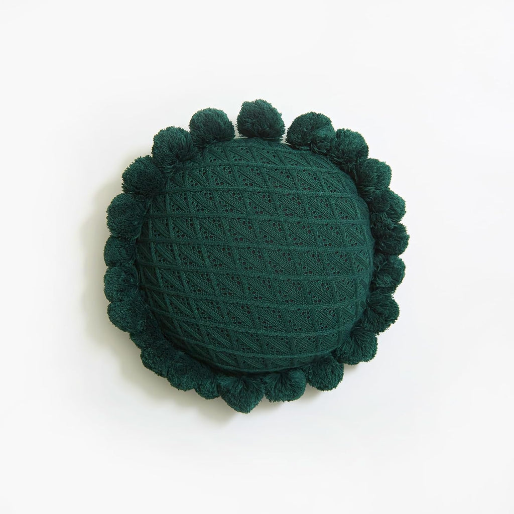 Acrylic Knitted Round Throw Pillow Knitting Bohemian Circular Cushion Pillow with Knit Handmade Pompoms Decorative Dark Green, Diameter 18inches