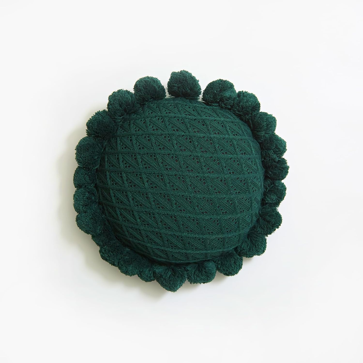 Acrylic Knitted Round Throw Pillow Knitting Bohemian Circular Cushion Pillow with Knit Handmade Pompoms Decorative Dark Green, Diameter 18inches
