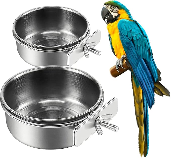 2Pcs Stainless Steel Bird Feeding Bowls, Small Bird Feeding Cup, Stainless Steel Parrot Food Bowl Cage with Holder, Parrot Cage Water Feeder, Pet Cage Cup Holder (Dia 3.93", 5.51",)