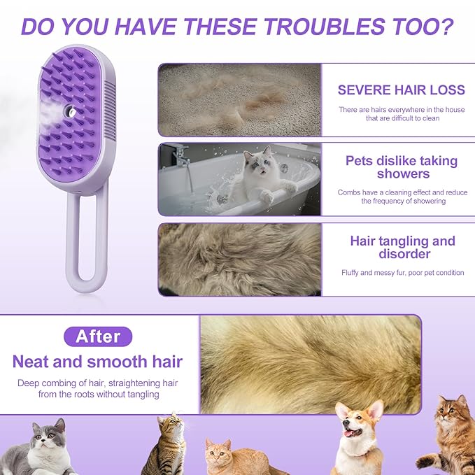 Steam Brush for Cat & Dog – 3-in-1 Spritz Pet Spray Hair Removal Comb for Grooming & Shedding Steam – Water Brush for Long