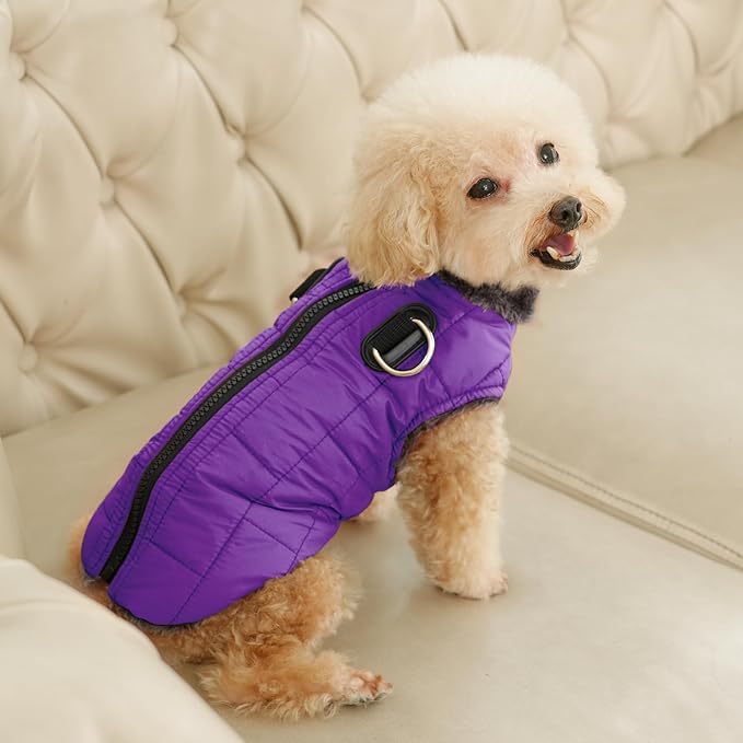 Warm Fleece Dog Coats with Durable Harness Buitl in D-Ring,Waterproof Doggie Jacket for Medium Dogs,Dog Vest for Cold Winter,Purple XL