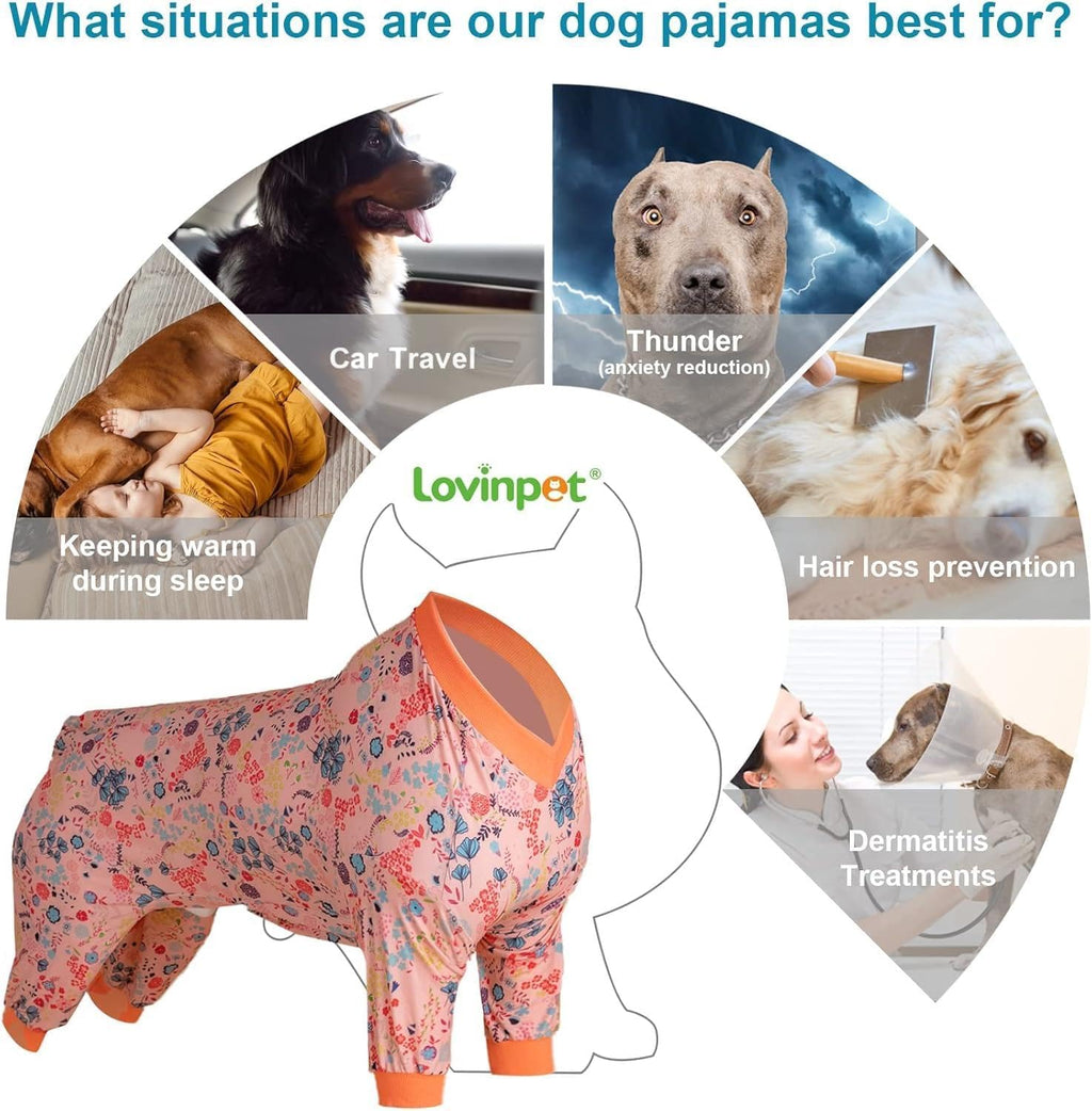 LovinPet Large Dog Pajamas, Pet Anxiety Relief Shirt, Pet Pajamas for Dogs, Anti Licking, Dog Surgery Recovery Clothes, Breathable Stretchy Fabric, Red, Shimmering Blooms Blush Print, 3XL