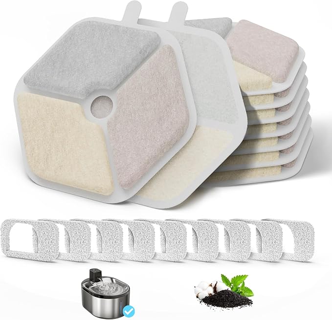9+9 Pack Cat Water Fountain Filter & Sponges for 152oz/4.5L Wireless Cat Water Fountain,Triple Filtration System for PTM-643 models