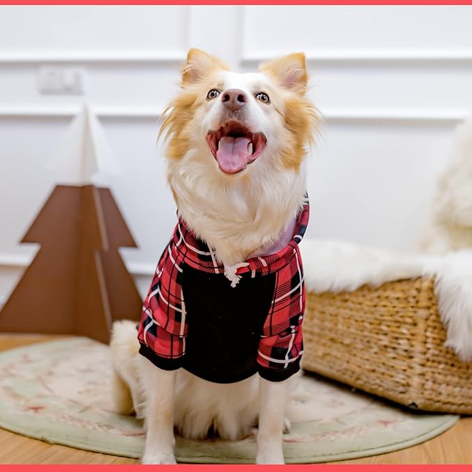 KOOLTAIL Plaid Dog Hoodie Pet Clothes Sweater with Hat and Pocket for Small Medium Large Size Dogs, Soft Winter Warm Dog Cold Weather Coat, Fleece Fall Dog Hooded Sweatshirt for Puppy Cats, Red XL