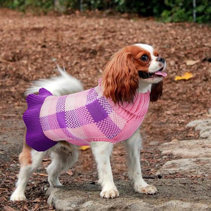 Dog Sweater Dress Plaid Knitwear for Small Medium Dogs Warm Puppy Pet Turtleneck Stretch Pullover Cute Fall Winter Vest Clothes with Leash Hole for Christmas (Purple, M)