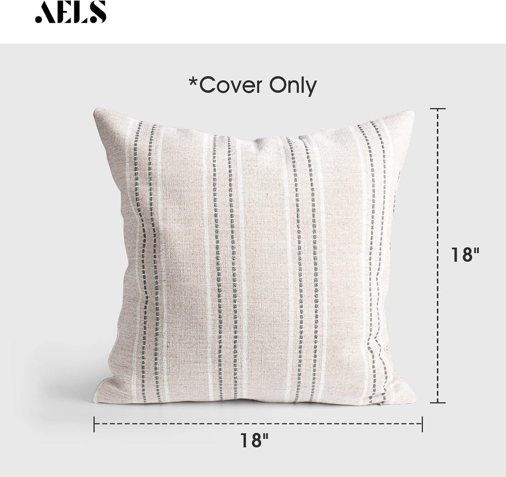 AELS 18x18 Decorative Farmhouse Linen Throw Pillow Covers, Boho Textured Pillow Case, Set of 2, Beige with White & Gray Stitch Yarn Dyed Stripe Cushion Cover for Sofa Couch Living Room (Cover ONLY)