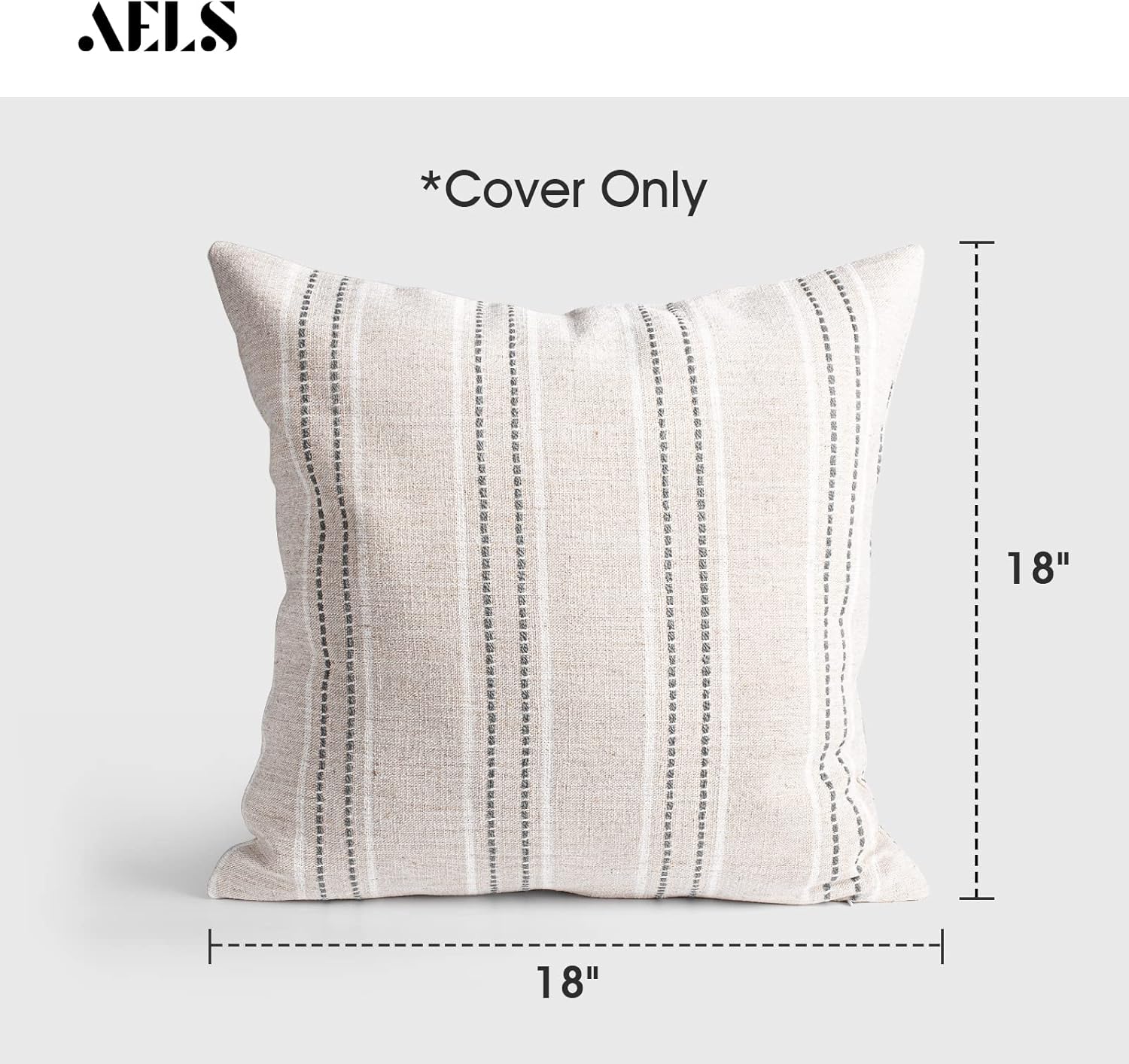 AELS 18x18 Decorative Farmhouse Linen Throw Pillow Covers, Boho Textured Pillow Case, Set of 2, Beige with White & Gray Stitch Yarn Dyed Stripe Cushion Cover for Sofa Couch Living Room (Cover ONLY)